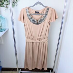 Tahari Arthur Levine Grecian Jewel Neckline Dress 6 Tan Beige